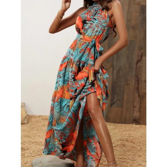 MODA ME COUTURE Dresses & Skirts - Boho Tropical Palm Print Belted Halter Maxi Dress